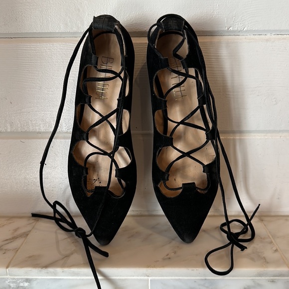 Anthropologie Billy Ella Black Faux Suede Lce-Up Pointy Toe Flats Size 7.5 - Picture 4 of 16